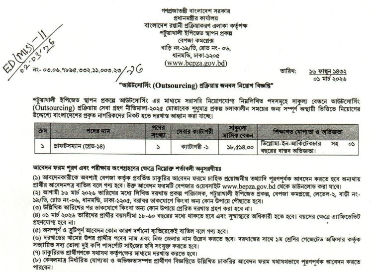 পটুয়াখালী ইপিজেড (EPZ) এ নিয়োগ বিজ্ঞপ্তি - ২০২৬। ড্রাফটসম্যান