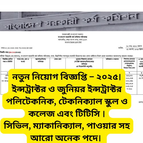 নতুন নিয়োগ বিজ্ঞপ্তি – ২০২৫। ইন্সট্রাক্টর ও জুনিয়র ইন্সট্রাক্টর পলিটেকনিক, টেকনিক্যাল স্কুল ও কলেজ এবং টিটিসি
